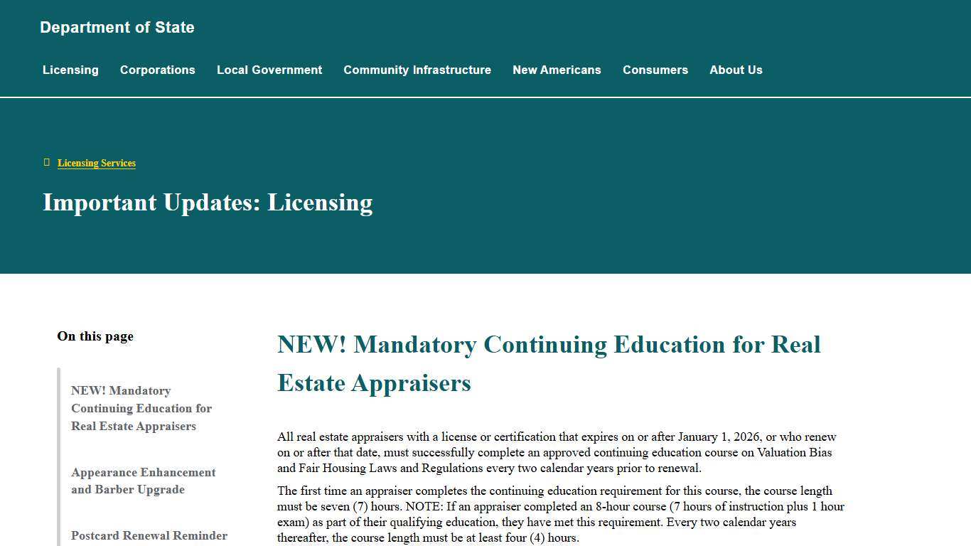 Important Updates: Licensing Department of State
