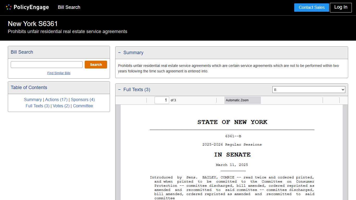 S6361 New York 2025-2026 Prohibits unfair residential real estate service agreements - Legislative Tracking PolicyEngage