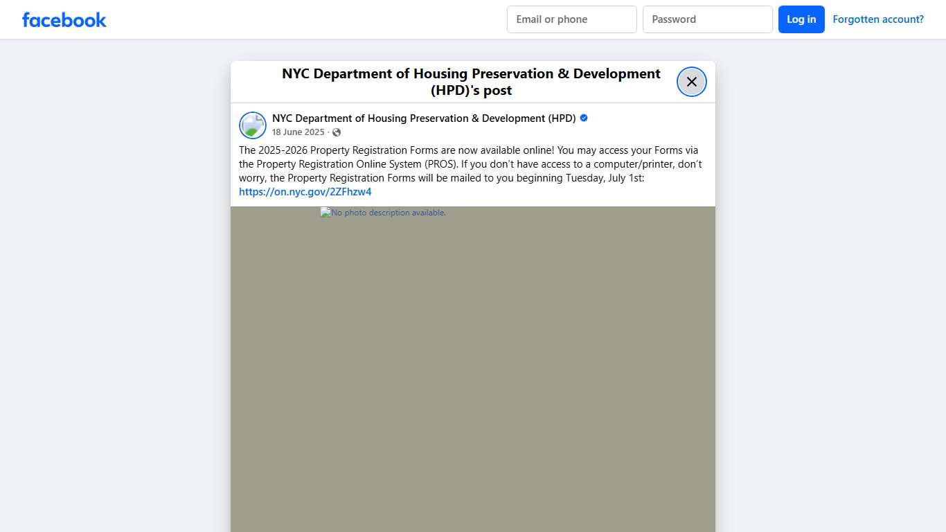 The 2025-2026 Property Registration Forms are now available online! You may access your Forms via the Property Registration Online System (PROS). If you don’t have access to a computer/printer, don’t worry, the Property Registration Forms will be mailed to you beginning Tuesday, July 1st:... - NYC Department of Housing Preservation & Development (HPD) Facebook